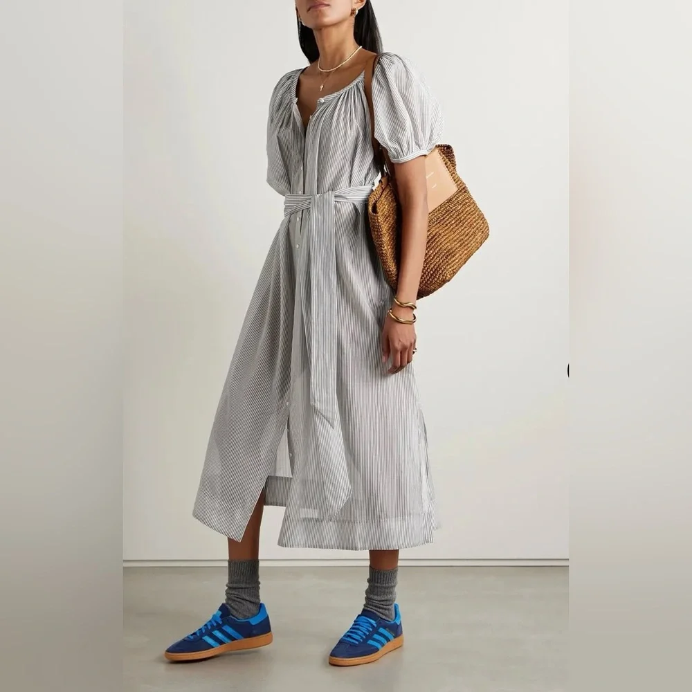 DÔEN Juno Belted Striped Brighton Midi Dress, Puff Sleeve, Cottagecore, Belt, XS - Picture 2 of 15